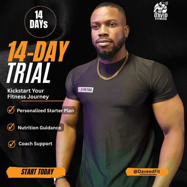 David, online fitness coach, promoting the 14-day trial coaching program